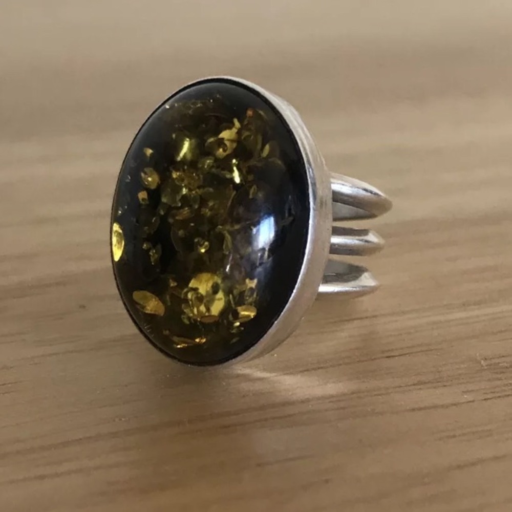 Green Amber and Sterling Silver Ring Size 7